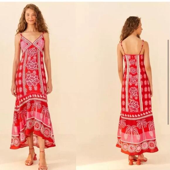 NEW Caroline Constas Red Floral Summer Linen Maxi Dress - Picture 1 of 12